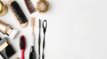 Comb and hair styling tools on white background, AI generated image