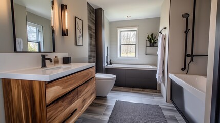 Minimalist bathroom, featuring a toilet, natural wood vanity, separated wet and dry areas, trendy black and white color scheme. Simple, modern design