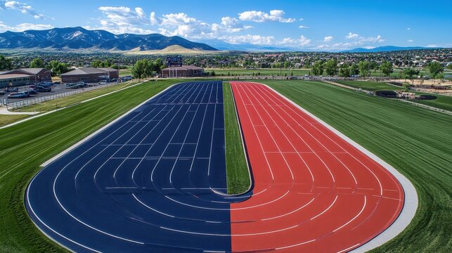 Aerial view of a split running track, one half red, one half blue. Ideal for sports, athletics, and fitness content.