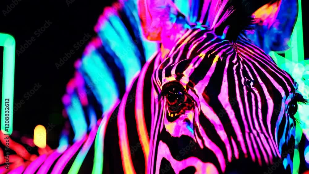 Poster neon illuminated zebra with colorful stripes in a dark setting, vibrant art concept