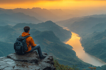 Fototapeta premium person in orange jacket sits on rock, overlooking serene river valley at sunset. warm colors of sky reflect on water, creating peaceful atmosphere