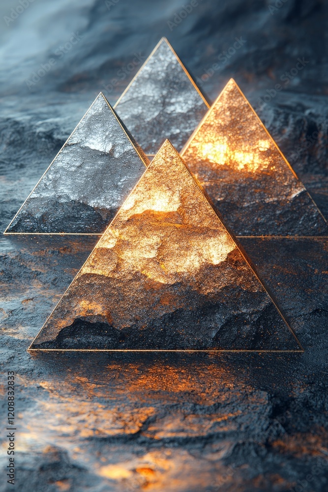 Poster illuminated geometric shapes abstract art digital creation futuristic environment close-up view arti