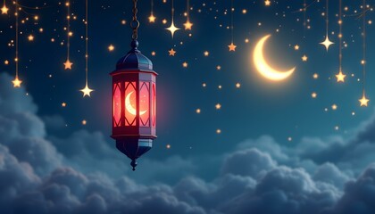 Obraz premium 3D rendering of a Ramadan lantern decoration with a glowing red light, golden crescent moon, hanging stars, dark blue sky, and soft illuminated clouds, creating a serene and festive atmosphere.