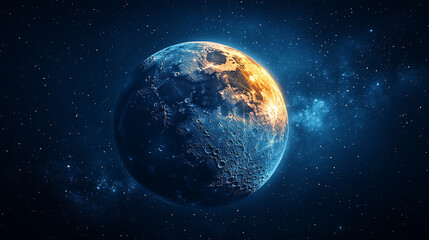 A futuristic Space Station on the Moon against a blurred blue planet Earth in a minimalistic, bright-toned scene with an empty space for captions, evoking the essence of progress, exploration, and ser