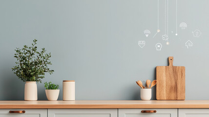 Modern kitchen counter with smart home icons on wall