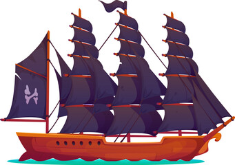 Corsair pirate historical brigantine sail ship. Corsair ancient brigantine vessel. Filibuster historical caravel ship isolated vector or privateer antique frigate sailboat with crossed bones on sail © Vector Tradition