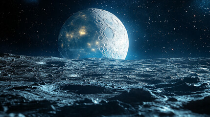 A futuristic Space Station on the Moon against a blurred blue planet Earth in a minimalistic, bright-toned scene with an empty space for captions, evoking the essence of progress, exploration, and ser