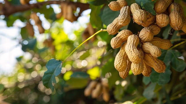 A close-up of a tree in a garden, showing clusters of peanuts hanging from its branches with a clear sky background
