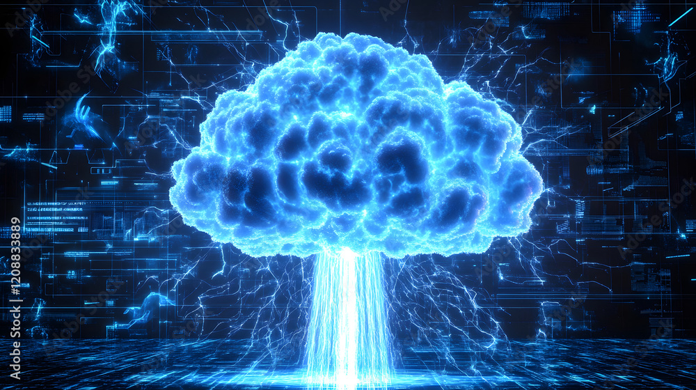 Poster a hydrogen bomb with glowing blue light patterns and a smooth, reflective surface, placed in a futur
