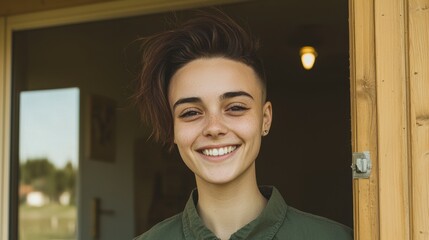 Happy Young Woman Smiling  Short Hair  Casual Style Portrait