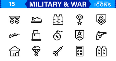War and Military Icons. Vector Set of Weaponry, Soldiers, and Battle Equipment for Graphic Projects