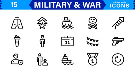 War and Military Icons. Vector Set of Weaponry, Soldiers, and Battle Equipment for Graphic Projects