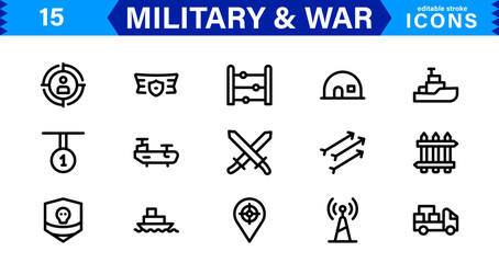 War and Military Icons. Vector Set of Weaponry, Soldiers, and Battle Equipment for Graphic Projects