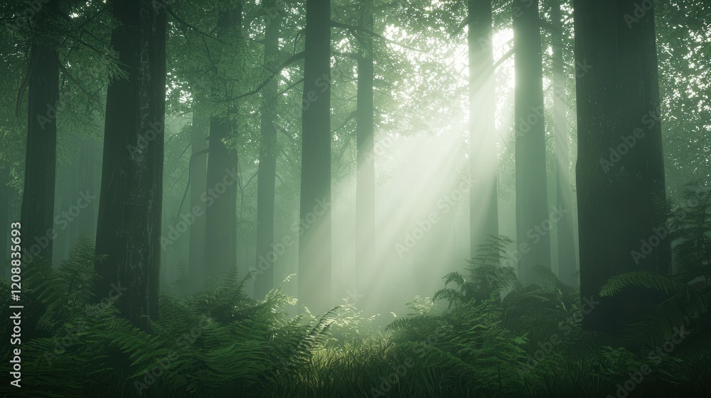 Poster sunlight filtering through trees in a serene forest scene captured at eye level for nature