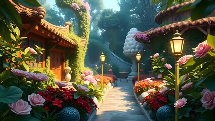 Obraz premium Illustrations of Magical colorful lush, overgrown secret garden