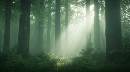 Obraz premium Sunlight filtering through trees in a serene forest scene captured at eye level for nature