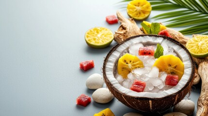Obraz premium Tropical fruit delight in coconut shell beach setting food vibrant colors close-up view refreshing concept