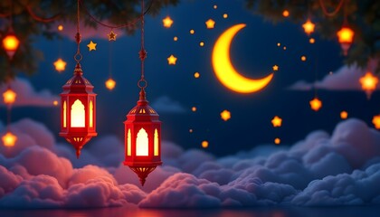 Fototapeta premium 3D rendering of a Ramadan lantern decoration with a glowing red light, golden crescent moon, hanging stars, dark blue sky, and soft illuminated clouds, creating a serene and festive atmosphere.