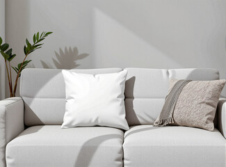 A cozy, minimalist living room featuring a blank pillow on a modern sofa, with soft lighting creating a calm, welcoming atmosphere perfect for custom design mockups.