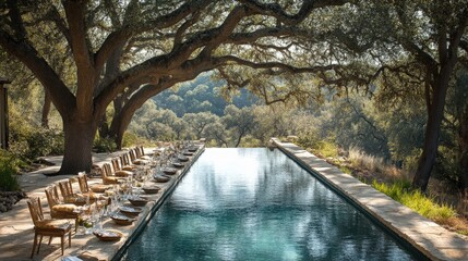 Elegant outdoor dining setup by a serene swimming pool surrounded by lush trees, creating a tranquil atmosphere for gatherings and celebrations in nature's embrace.