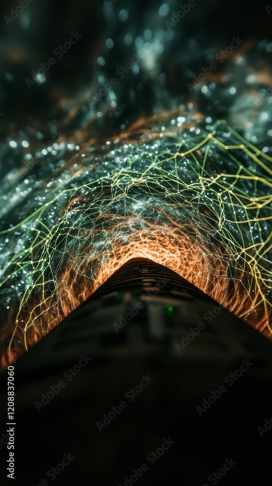 Poster futuristic network abstract data flow green yellow lines digital technology computing