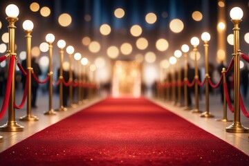 Red carpet with glowing lights and festive bokeh at night, creating a celebration atmosphere with a blurred podium and crowded peoples background