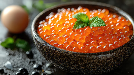 Close-up of a bowl filled with vibrant orange salmon roe, garnished with fresh mint leaves, alongside a blurred egg in the background.