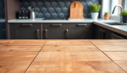 The wood table top is on the blurry kitchen counter background Mockup table
