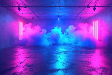 Obraz premium Colorful Neon Lights Illuminating a Futuristic Room with Smoke Effects for an Artistic Atmosphere