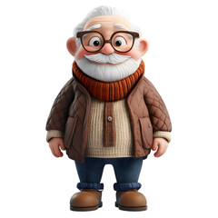 3D render of a happy grandpa dressed for winter. happy grandfather cartoon style on transparent background