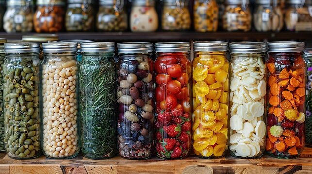 Colorful assortment of preserved fruits and vegetables in glass mason jars on wooden shelves - Powered by Adobe