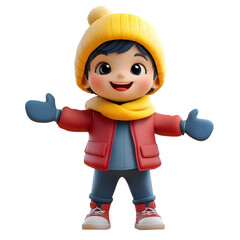 3D render of a happy kid dressed for winter. happy child cartoon style on transparent background