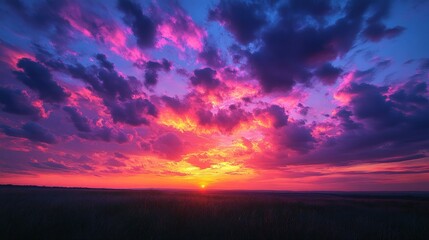Fototapeta premium Vibrant sunset, fiery clouds, silhouetted field.