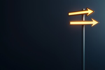 Fototapeta premium A signpost with illuminated arrows pointing left and right against a dark background, symbolizing choice and direction.