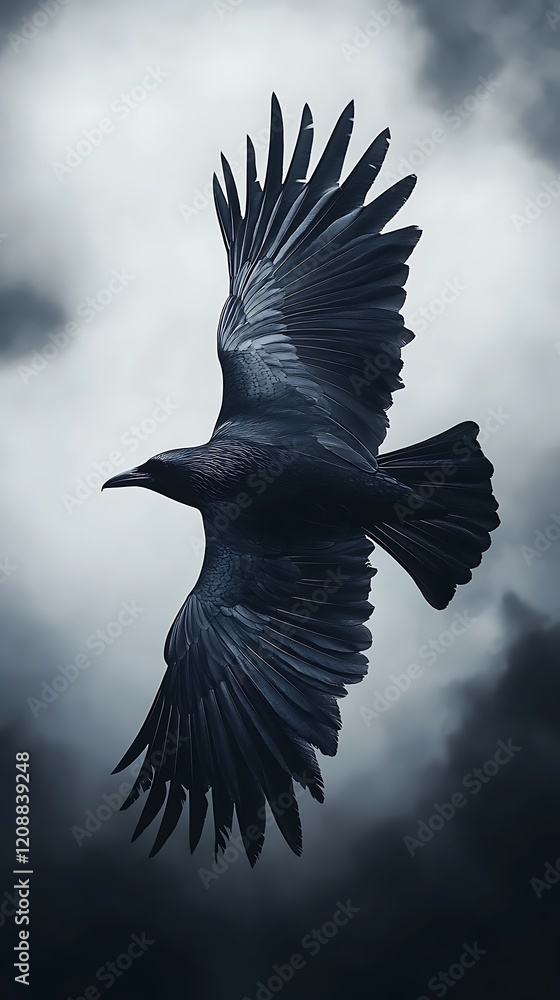 Wall mural Majestic crow in flight against a dramatic, moody sky.