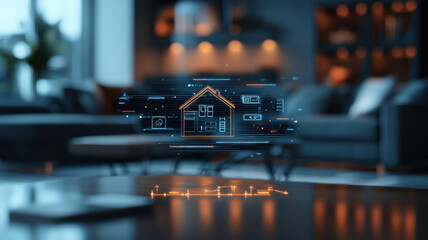 Smart home holographic controls overlaying modern living room