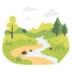 Obraz premium Serene River Landscape with Green Hills and Trees