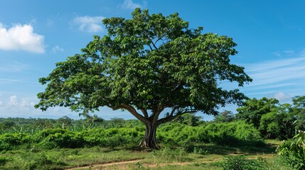 Obraz premium Peanut-laden tree in a plantation area, clear sky visible