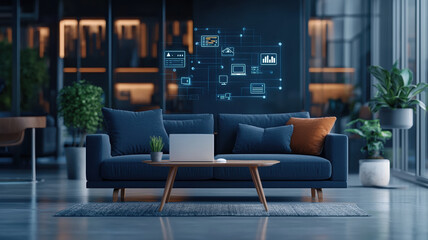 Modern living room with smart home technology and cozy decor