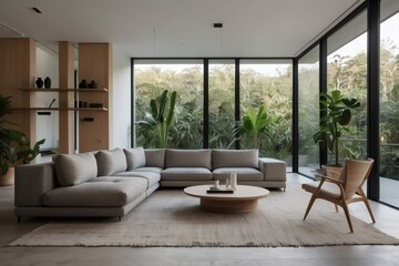 Modern living room with large windows and greenery view in a contemporary home design