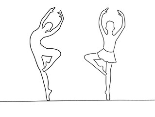 Continuous line Ballerina training performance. Line art Ballet pirouette dance pointe. Set of ballerina line illustration. Flat Line curve barre ballet techniques choreography.  © rahayu