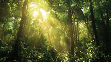 Fototapeta premium Sunlight streaming through a dense green forest canopy