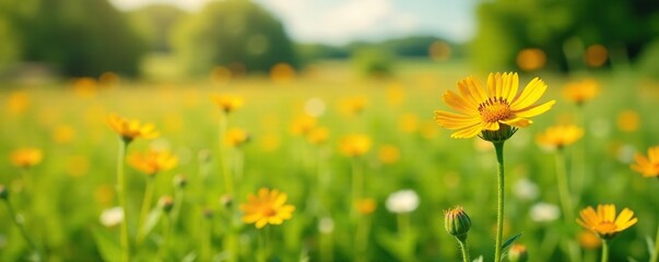Obraz premium Hawkweed plant in a sunny meadow field with scattered wildflowers, fields, landscape, grassland