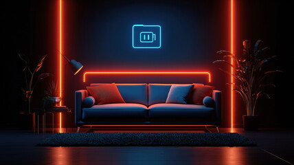 Modern living room with neon lights and futuristic vibe