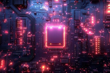 Fototapeta premium Vibrant circuit board background with neon blue and purple lines, chip icon, glowing elements, futuristic energy flow, tech design.