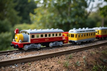 Fototapeta premium Colorful toy train travels along miniature tracks in a lush outdoor setting on a sunny day