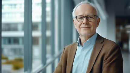 Obraz premium Portrait of successful senior businessman consultant looking at camera and smiling inside modern office building
