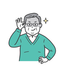 眼鏡を上げて悪巧みしてニヤける太った高齢男性