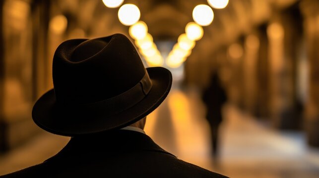 A fedora hat on a coat rack with blurred hallway lighting.