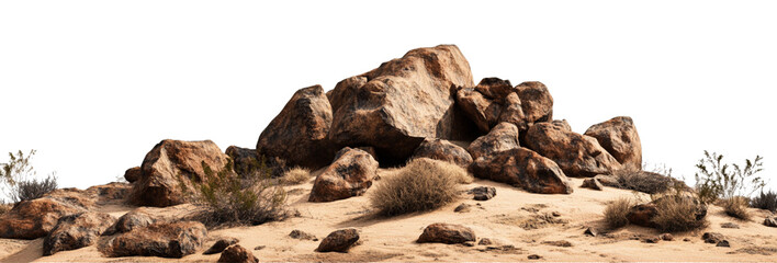 Majestic Desert Rock Formation: A Panoramic View of  Brown Rocks and Sandy Landscape under Bright Sunlight